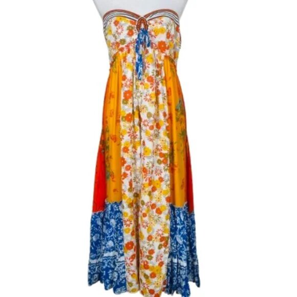 Free People Golden Dreams mixed print Strapless Ruffle Maxi Dress Size Medium - Picture 5 of 12